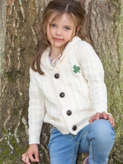 Cream Cable Knit Kids Cardigan with Shamrock