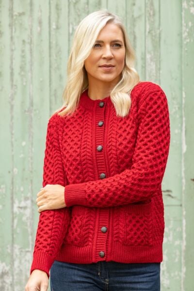 Irish Aran Cardigan Red