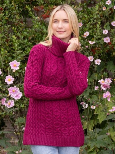 Aran Cowl Neck Merino Wool Raspberry