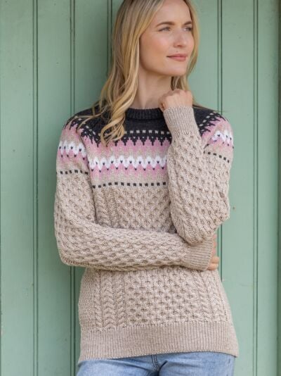 Ladies Merino Wool Fitted Fairisle Sweater Oatmeal