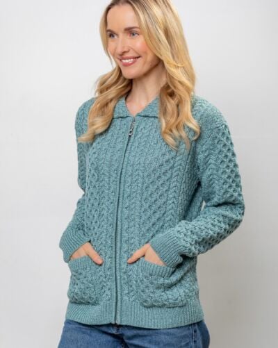 Irish Aran Cardigan with Zip - Aqua