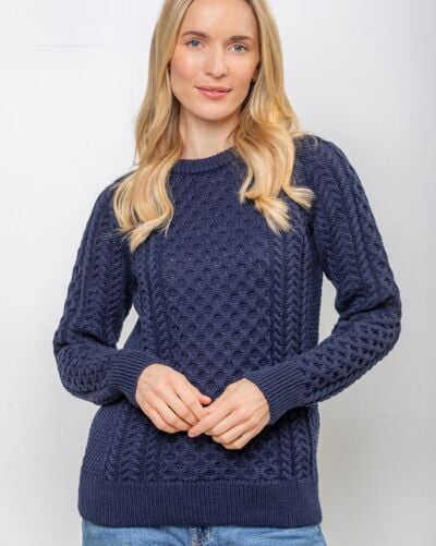 Ladies Merino Wool Fitted Aran Sweater Navy