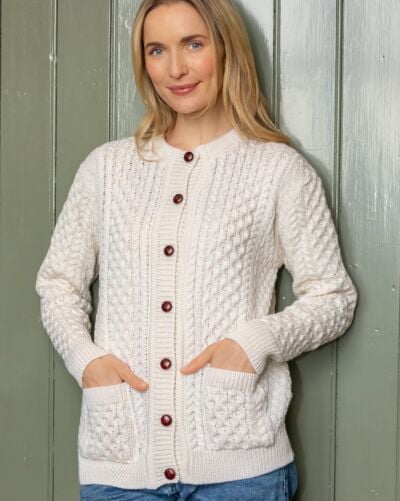 Irish Aran Lumber Cardigan Natural