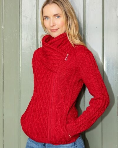 Aran Cable Knit Size Zip - Red