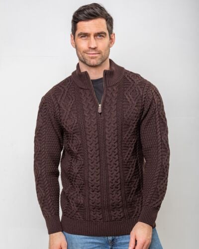 Heavyweight Extra Fine Merino Wool Half Zip Sweater - Brown