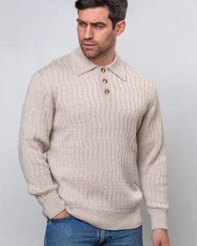 Extra Fine Merino Wool Button Neck Sweater - Beige