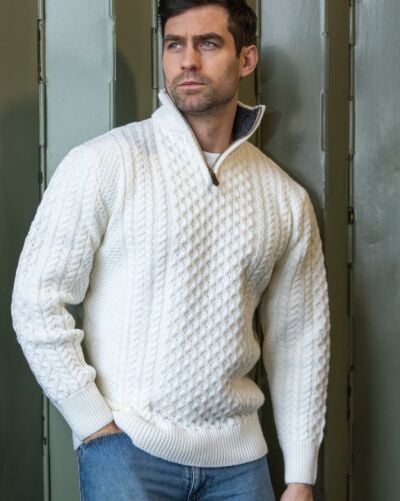 Mens Aran Half Zip Neck Sweater Natural