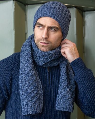 Cable Knit Unisex Scarf Denim Marl - 100% Merino Wool