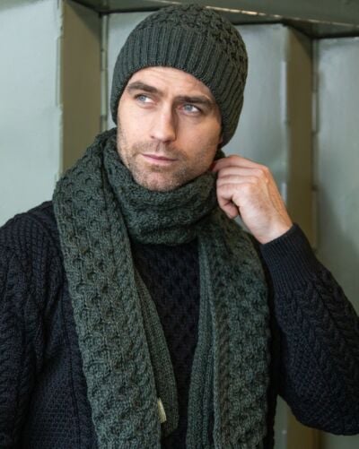 Cable Knit Unisex Scarf Army Green - 100% Merino Wool