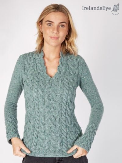 Wool and Cashmere Cable v Neck Sweater - Ocean Mist