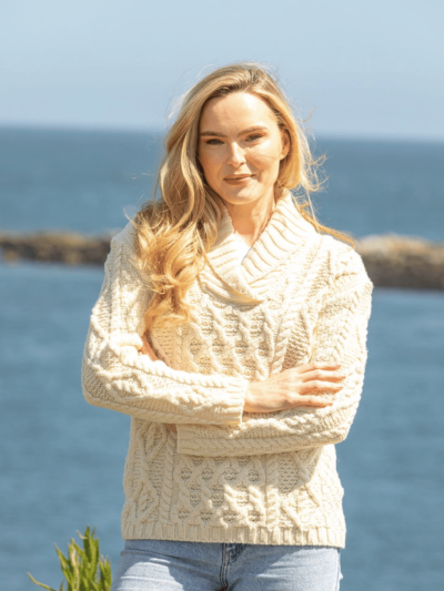 Bramble Aran Shawl Collar Sweater Natural