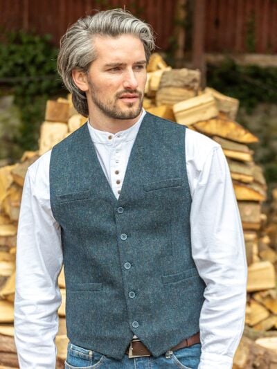 Wool Blend Lined Waistcoat Navy Herringbone