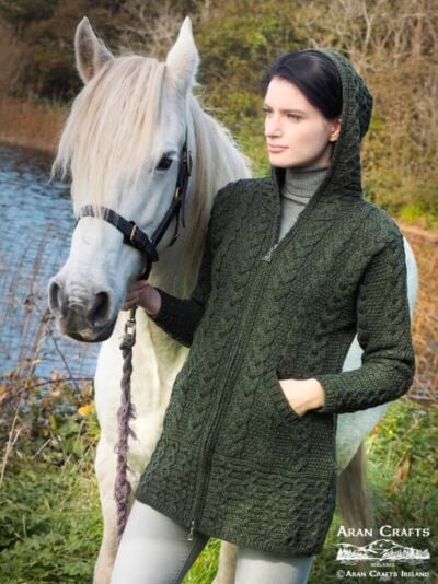 Irish Aran Hooded Coat Army Green 