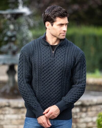 Mens Aran Half Zip Neck Sweater Blackwatch