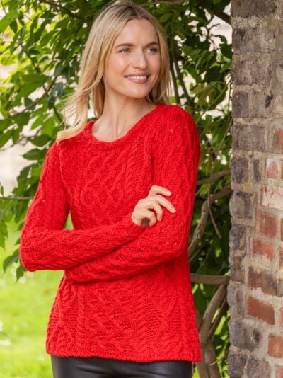 Lambay Lattice Cable Knit Aran Sweater Scarlet