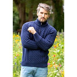 Mens Aran Half Zip Neck Sweater Blue | The Sweater Shop