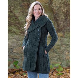 Womens Long Coat with Chunky Collar Gren | The Sweater Shop